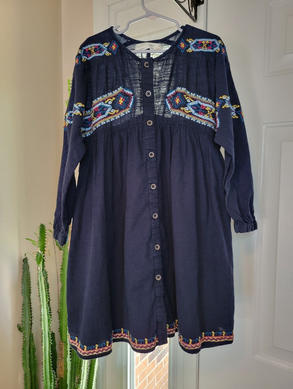 Zara Kids Bohemian Embroidered Floral Navy Blue Cotton Dress, Size 9 Kids